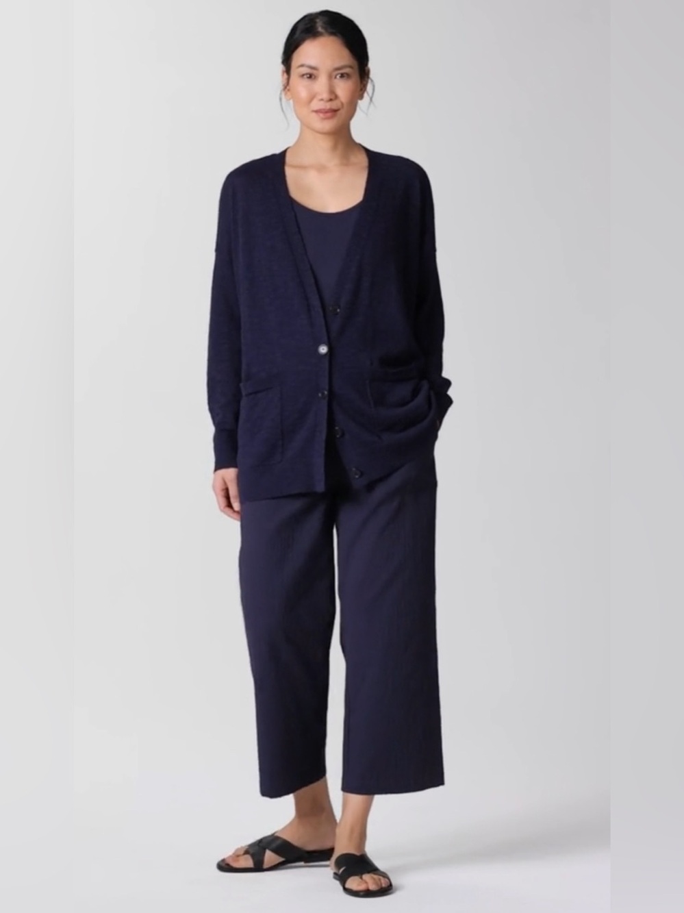 Eileen Fisher Organic Linen Cotton Slub Cardigan Sweater Sz M Navy Blue Pockets - Picture 2 of 12